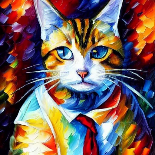 Image similar to painting of a cat wearing a lab coat by Leonid Afremov