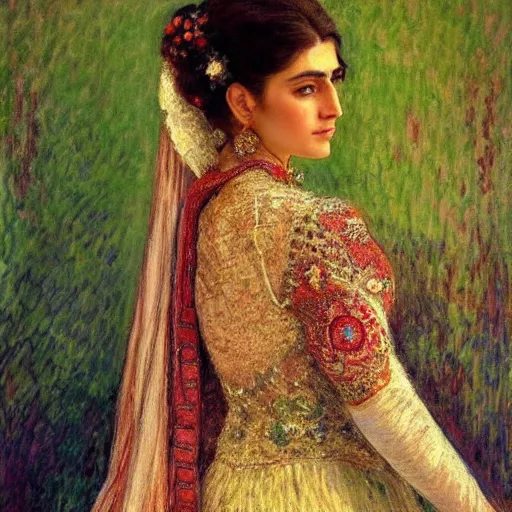 Image similar to full body portrait of a beautiful Kurdish bride wearing a beautiful wedding dress, very detailed eyes, hyperrealistic, beautiful and symmetrical face, very detailed painting by Claude Monet and Alphonse Mucha, trending on artstation, extremely high detail, incredibly intricate