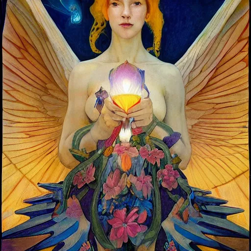 Image similar to queen of the dawn with her wings and her lantern, by Annie Swynnerton and Nicholas Roerich and Diego Rivera, flowing robes, bioluminescent skin, floral tattoos, elaborate costume, geometric ornament, symbolist, soft colors, dramatic lighting, smooth, sharp focus, extremely detailed