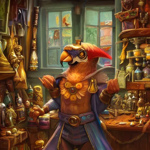 Image similar to Magic the gathering artwork of Anthropomorphized parrot trader in his shop, shelves full, selling a gem, portrait, items, magic potions, carpet, window, fancy funny hat, sly expression , cunning expression, cute expression, presenting magic gem, D&D, fantasy, cinematic lighting, highly detailed, digital painting, artstation, concept art, smooth, sharp focus, illustration, warm light, cozy warm tint, magic the gathering artwork, volumetric lighting, 8k, no gold, no gold colours, art by Akihiko Yoshida and Greg Rutkowski