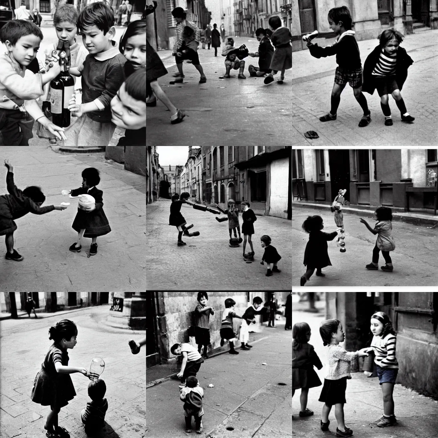 Prompt: street photo of children playing with a wine bottle by henri cartier bresson