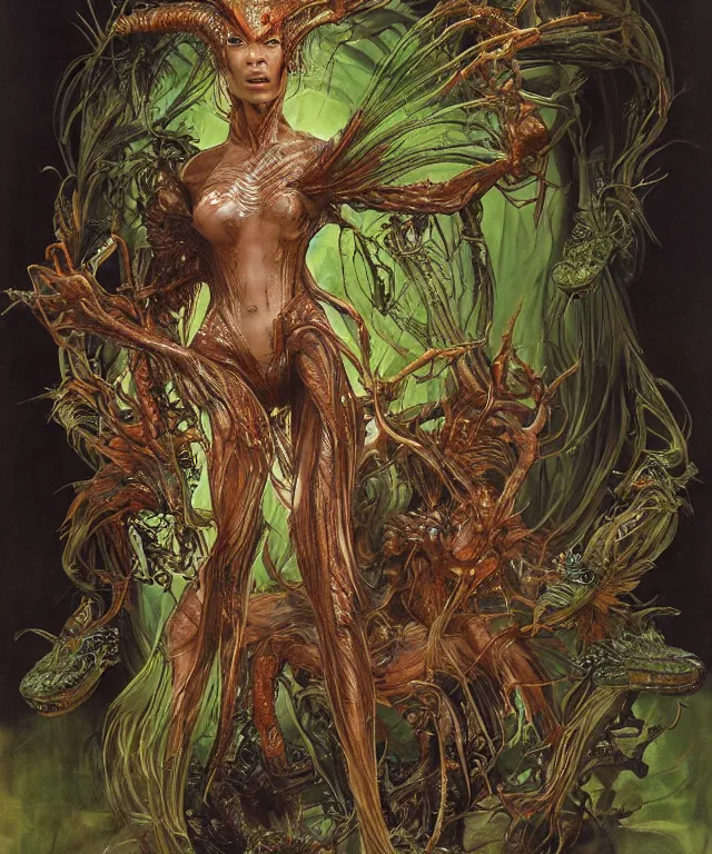 Prompt: a portrait photograph of a fierce lucy liu as an alien harpy queen with slimy amphibian skin. she is trying on evil bulbous slimy organic membrane fetish fashion and transforming into a fiery succubus insectoid amphibian. by donato giancola, walton ford, ernst haeckel, brian froud, hr giger. 8 k, cgsociety