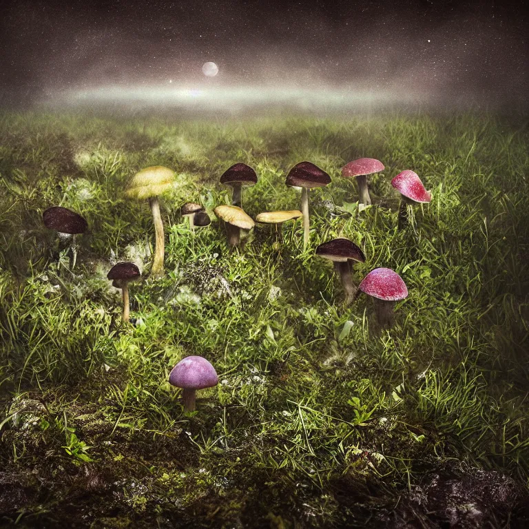 Image similar to a planet of various fungus, mushrooms, flowers and plants, inside the picture is infinity, Atmospheric, artistic photography, conceptual, long exposure outside the city, volumetric light