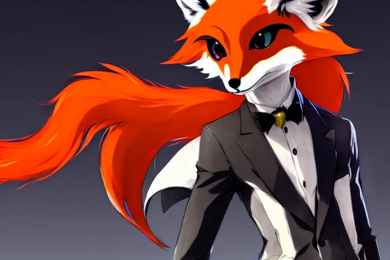 Image similar to a furry tan male fox on a persona 5 : royal ( by atlus ) video game splash screen, a furry male sandcolored tan fox fursona ( has hair ), persona 5 phantom thief style