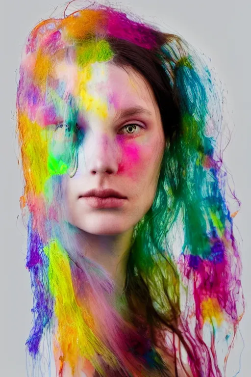 Image similar to an esoteric woman, blending into chromatography with a beautiful face!!! isolated, studio lighting