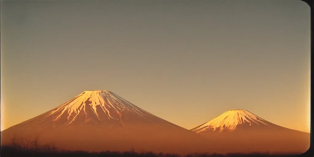 Image similar to a grainy polaroid photograph of the mont fuji at the golden hour