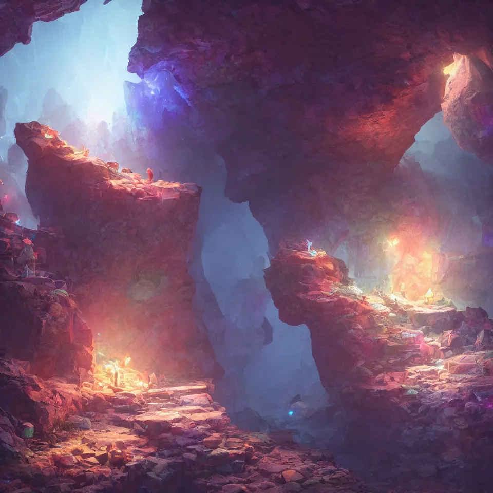 Prompt: a single crystal in a cave, colorful by greg rutkowski, painted by raymond swanland, digital art, octane render, 4k, unreal engine