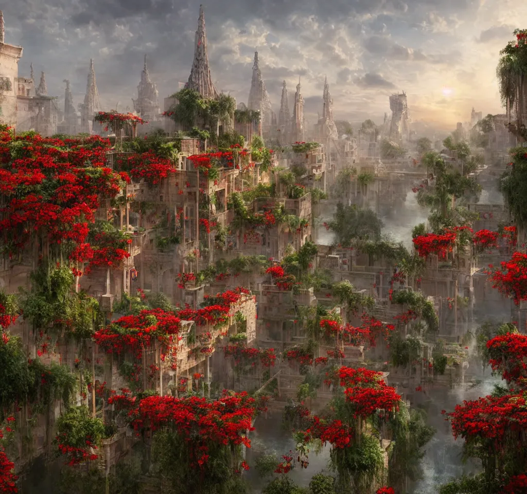 Prompt: 3 d render of the hanging gardens of babylon by greg rutkowski, victorian castle, red flowers, reflective water, cranes, cg society, hyper detailed, dramatic, epic painting, sunset clouds, 8 k