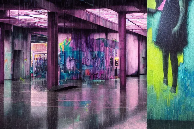 Image similar to abandoned 9 0 s mall interior, rain like a dream, oil painting, cinematic, overgrown, dramatic, volumetric lighting, cyberpunk, basquiat + francis bacon + gustav klimt + beeple, elevated street art, fantasy lut, textural, pink, blue, purple, green,