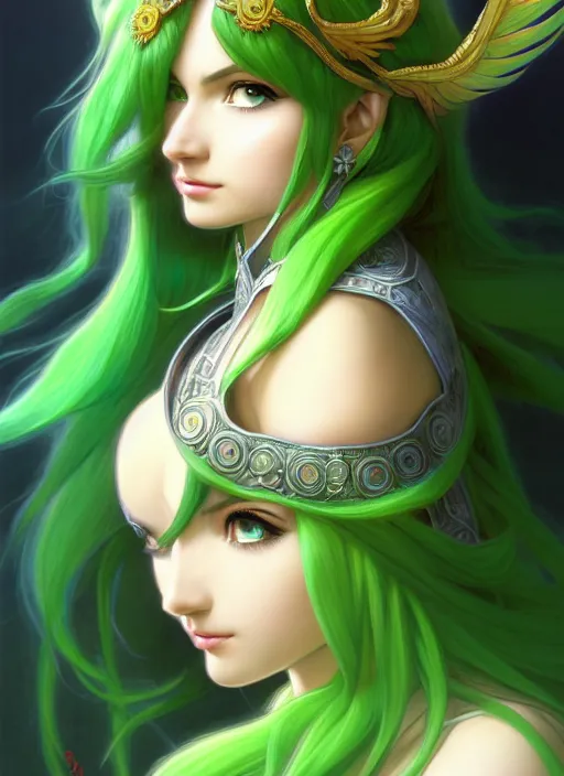 Image similar to portrait, head and body only, palutena, green hair, concept art, digital illustration, by rossdraws, frank franzzeta, intricate, masterpiece, elegant, hyper detailed, artstation, unreal engine rendered, concept art, smooth, sharp focus, illustration, art by artgerm and greg rutkowski and alphonse mucha and garis edelweiss