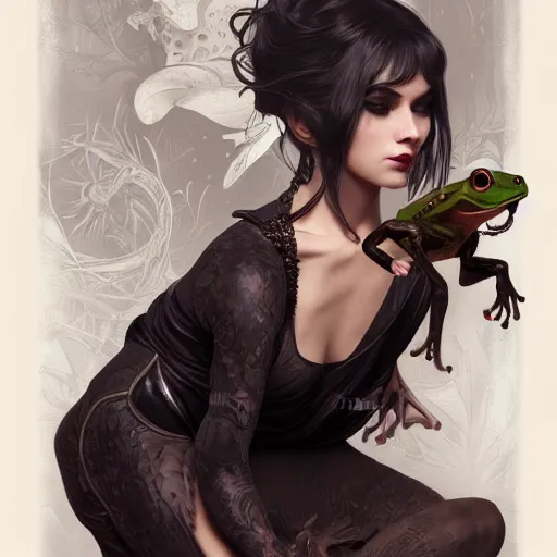 Image similar to attractive goth woman with a frog, intricate, highly detailed, digital painting, artstation, concept art, smooth, sharp focus, illustration, unreal engine 5, 8 k, art by artgerm and greg rutkowski and alphonse mucha