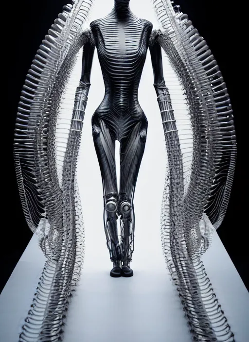 Image similar to walking down the catwalk, show, stage, vogue photo, podium, fashion show photo, iris van herpen, beautiful woman, full body shot, masterpiece, inflateble shapes, alien, giger, plant predator, guyver, jellyfish, wires, veins, white biomechanical details, wearing epic bionic cyborg implants, highly detailed