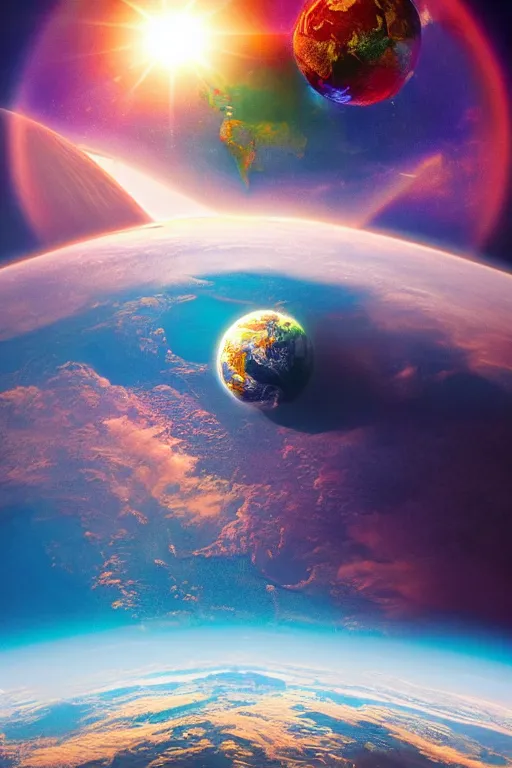 Prompt: looking over the beautiful earth from outa space, the sun is in the backround, intricate, detailed, sharp focus, rainbowshift, artgerm, trending on artstation, octane grander