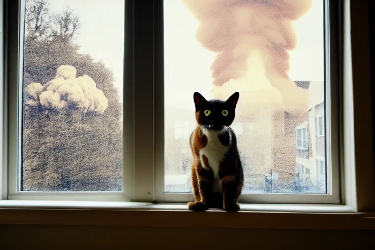 Image similar to cat sitting on the windowsill wrapped in a plaid plaid, Mushroom cloud far behind