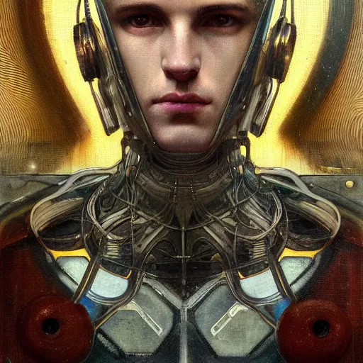 Image similar to portrait of a male android, coy, circuitry visible in head, in the style of ex machina, karol bak, alphonse mucha, greg rutkowski, award winning, hr giger, artstation