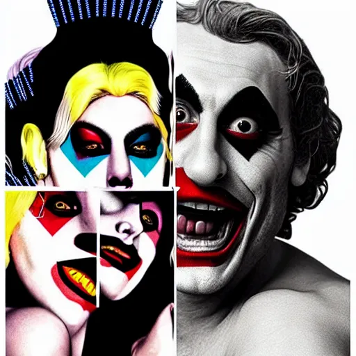 Image similar to richard hamilton and mimmo rottela as lady gaga harley queen and joaquin phoenix joker, pop art, dynamic composition, face and body features, ultra realistic art, smooth, sharp focus, illustration, concept art, intricarion h 7 6 8