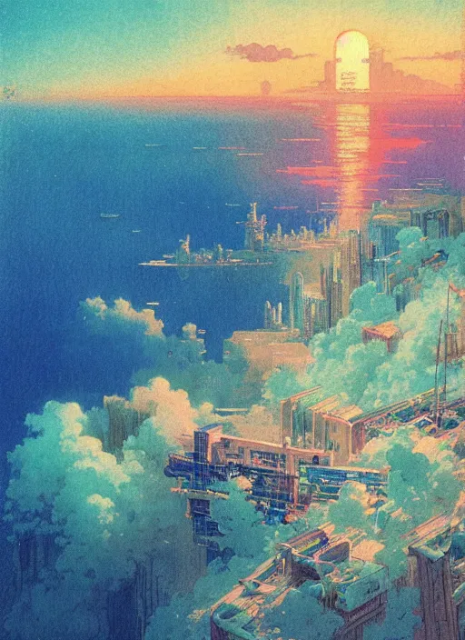 Prompt: vintage anime cinematic lush underwater glowing city skyline on the edge of a steep cliff by Studio Ghibli and Ivan Aivazovsky, trending on ConceptArtWorld, watercolor concept art by Syd Mead, by william herbert dunton, watercolor strokes, japanese woodblock, by Jean Giraud