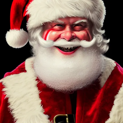 Image similar to frontal upper view of santa claus that is evil, cream colored cap, cream colored robe, red grinning mouth, cream colored background, fine art, award winning, intricate, elegant, sharp focus, cinematic lighting, digital painting, 8 k concept art, by michael hussar and greg manchess and brom and z. w. gu, 8 k