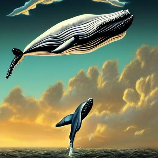 Image similar to looking up at whales in the sky, trending on artstation, award winning, emotional, highly detailed surrealist art