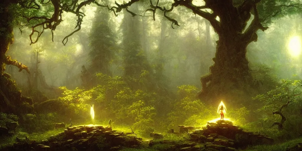 Image similar to close up of young link with orb of light entering an old!!! forest temple!!! full of green trees and plants, under a gray foggy sky, oil painting by albert bierstadt, legend of zelda