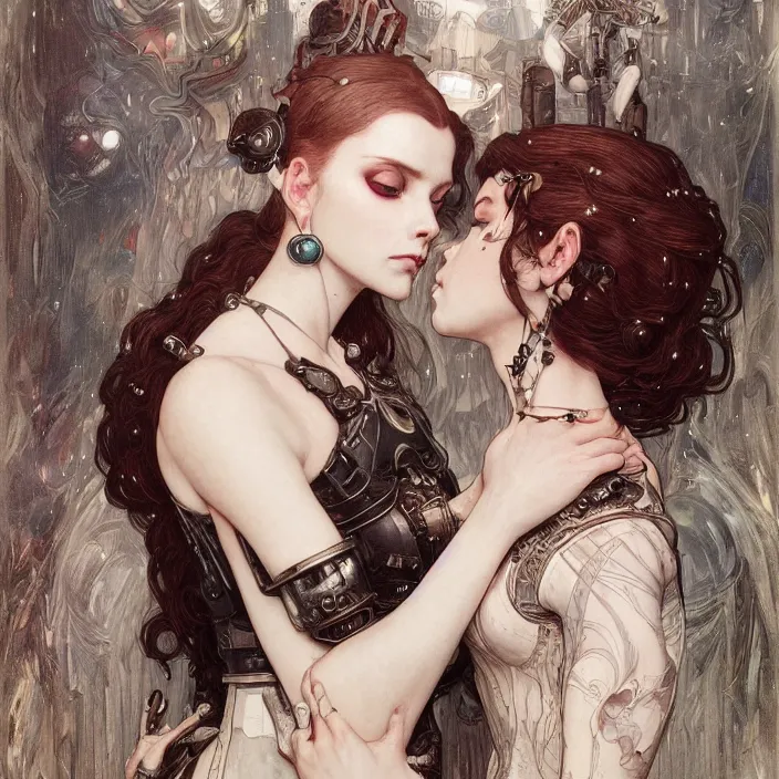 Prompt: portrait of two beautiful pale gothic cyborg maidens kissing, warhammer 40000, cyberpunk, intricate, elegant, highly detailed, digital painting, artstation, concept art, smooth, sharp focus, illustration, art by artgerm and greg rutkowski and alphonse mucha and Gustav Klimt