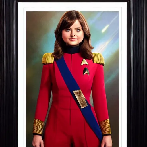 Image similar to a beautiful full body photograph of younger jenna coleman as a star fleet officer from star trek next generation, full dress uniform, symmetrical face, extreme realism and detail, 8 k, completely framed, direct lighting, 3 5 mm photo, photorealistic, sharp focus