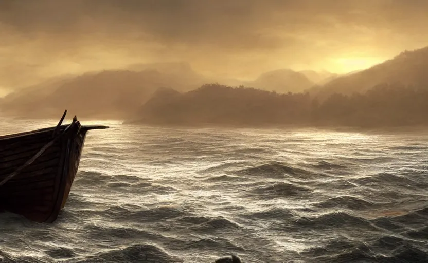 Image similar to old wooden fishing boat, directed by charlie kaufman ( 2 0 0 1 ) anamorphic lenses, a rocky shore in the foreground, foggy volumetric light morning, a beam of light from the heavens, cinematic trending on artstation in the style of greg rutkowski