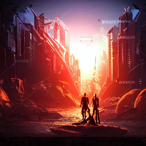 Prompt: Cyberpunk fantasy world with beautiful sunset