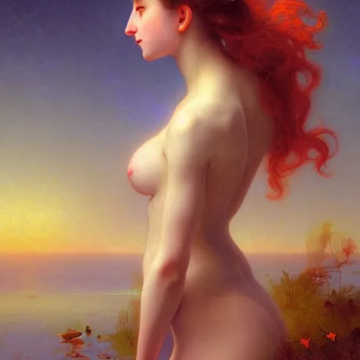 Image similar to a beautiful stunning interesting detailed fantasy whimsical matte digital portrait illustration of a mermaid with turqoise hair, yellow-orange and red-violet sunset, spectacular sunset, in the style of William Adolphe-Bouguereau and Marc Simonetti and Ross Tran, magic the gathering, trending on artstation hq, contest winner