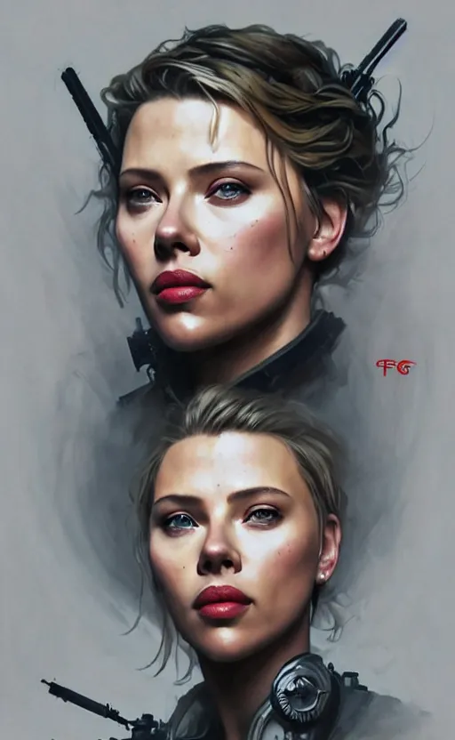 Prompt: scarlett johansonn by banksy, looking at camera, intricate, dystopian, sci-fi, extremely detailed, digital painting, artstation, concept art, smooth, sharp focus, illustration, intimidating lighting, incredible art by artgerm and greg rutkowski and alphonse mucha and simon stalenhag