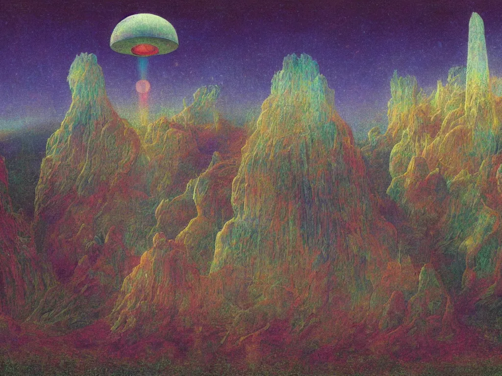 Image similar to study of the psychedelics dream bot mothership over the sublime sacred rock. painting by mikalojus konstantinas ciurlionis, bosch, wayne barlowe, agnes pelton, rene magritte