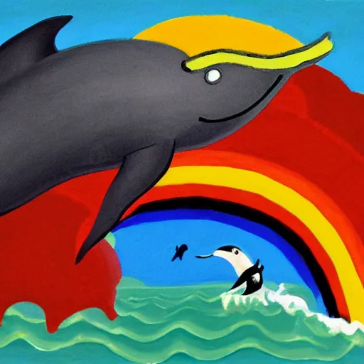 Image similar to the grim reaper riding a dolphin that is jumping over a rainbow, by mary blair,
