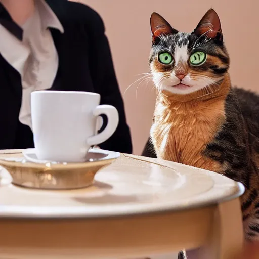 Image similar to two calico cats and a tabby cat enjoy cups of tea together at an upscale party, award winning photo