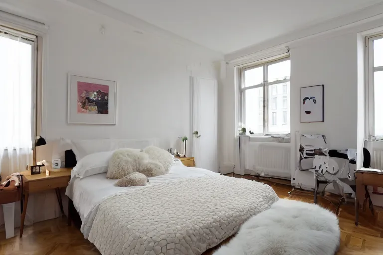 Prompt: A sunny bedroom, exquisite decoration, all New York Apartments style furniture, polar bear, high tech