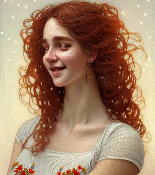 Image similar to portrait of teenage aphrodite, light freckles, curly copper colored hair, smiling kindly, wearing an embroidered white linen dress, lace neckline, intricate, elegant, mother of pearl jewelry, glowing lights, highly detailed, digital painting, artstation, concept art, smooth, sharp focus, illustration, art by wlop, mucha, artgerm, and greg rutkowski