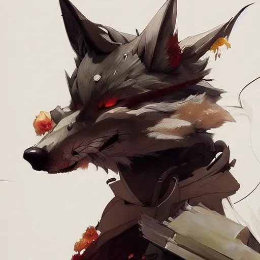 Image similar to concept art of anthropomorphized wolf, highly detailed painting by dustin nguyen, akihiko yoshida, greg tocchini, 4 k, trending on artstation, 8 k