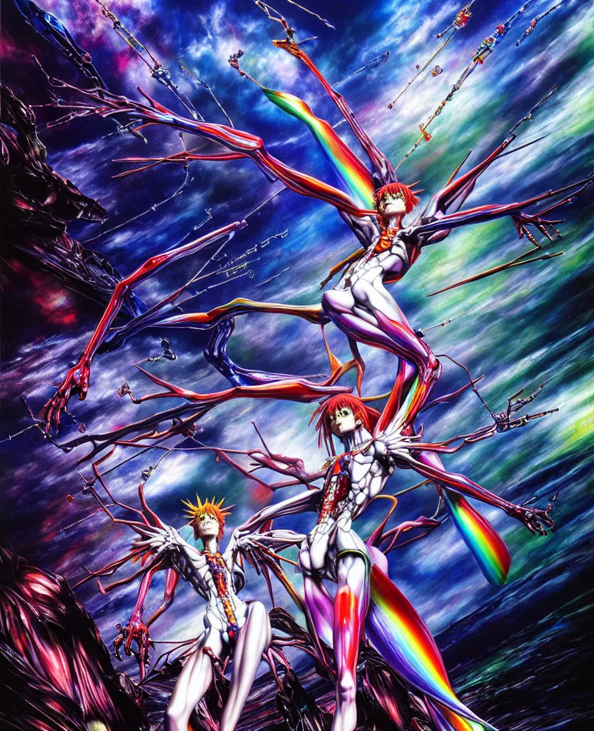 Image similar to realistic detailed image of ultra wrathful rainbow diamond iridescent mega neon genesis evangelion, depth perception, depth of field, action horror by ayami kojima, neo - gothic, gothic, part by adrian ghenie and gerhard richter. art by yoshitaka amano. masterpiece