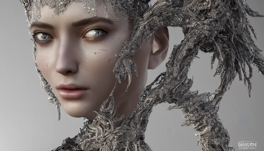 Image similar to full body detailed, ethereal, biomechanical, covered in diamonds and other gems glowing, highly detailed face, elegant posed, intricate, extremy detailed, beeple, cgsociety, 3 d unreal engine octane render. cinematic lighting, highly detailed 4 k art