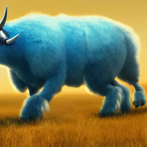 Prompt: an illustration of a giant blue six legged beast with head resembling a bull, thick fluffy fur walking across a peaceful fantasy meadow digital art concept art