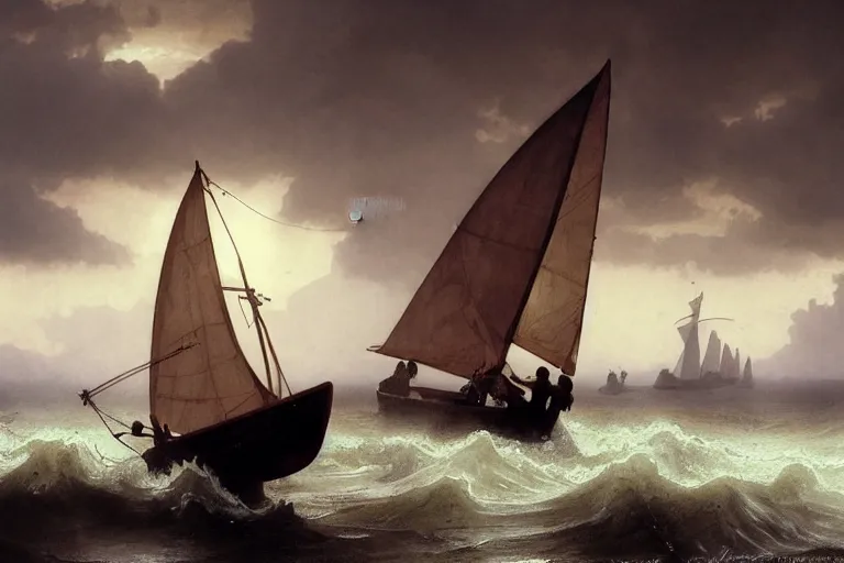 Image similar to ancient historically accurate depiction of Bible Character walking on water during a storm, a small fishing sailboat with scared sailors on board, dramatic lighting by frank miller, illustration by Ruan Jia and Mandy Jurgens and William-Adolphe Bouguereau, Artgerm, 4k, digital art, surreal, space dandy style, highly detailed, godsend, artstation, digital painting, concept art, smooth, sharp focus, illustration by Ruan Jia and Mandy Jurgens and William-Adolphe Bouguereau, Artgerm