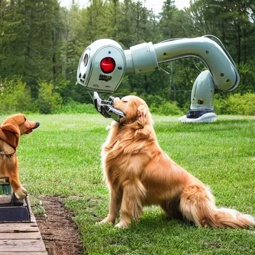 Prompt: golden retriever curiously looking at a robot girl, log cabin, photograph