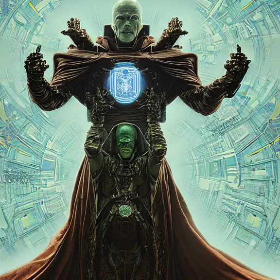 Image similar to symmetric frame of dr doom from Prometheus movie, from doctor strange by beksinski, cyborg dr doom mecha by guo pei and alexander mcqueen metal couture editorial, eldritch epic monumental wallpaper by beksinski by Yuko Shimizu