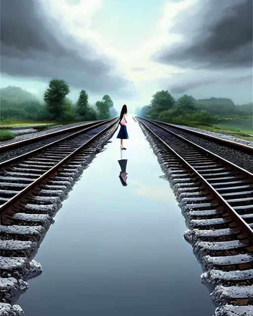 Image similar to shallow reflective water completely covers submerged train tracks as a girl walks along carrying her shoes, there is a train station in the distance and large white clouds on a wide horizon, intricate, elegant, highly detailed, digital photo, artstation, concept art, smooth, sharp focus, illustration, art by artgerm and greg rutkowski and fra angelico