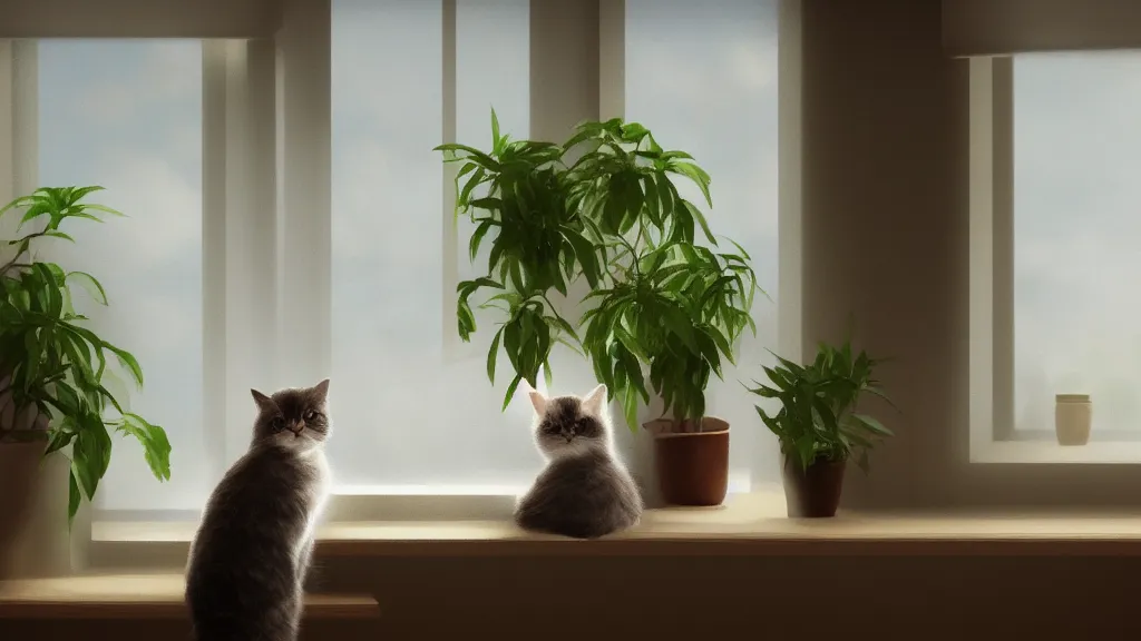 Image similar to beautiful peaceful dreamy painting of a content cat sitting by a window and looking outside, sunshine coming through the window, small plants on the window sill, 8k, hyper realism, trending on artstation, octane render
