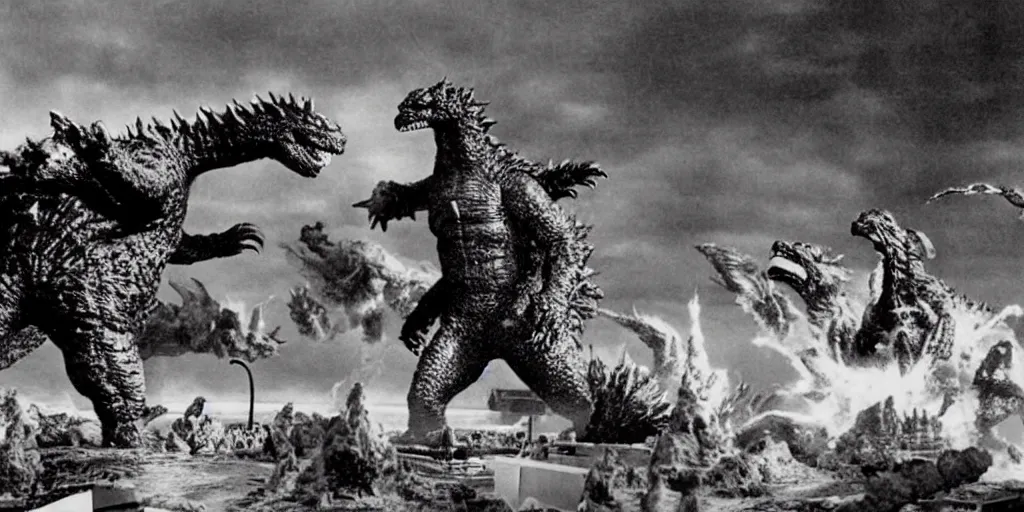 Image similar to a photo of godzilla tron fighting claymation rodan