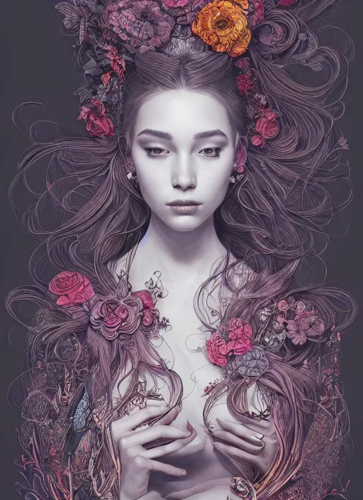 Image similar to the portrait of an unbelievably beautiful, elegant, sensual, and sophisticated young woman, an ultrafine detailed illustration by james jean, intricate linework, bright colors, final fantasy, behance contest winner, vanitas, angular, altermodern, unreal engine 5 highly rendered, ethereal, ominous, detailed and intricate environment