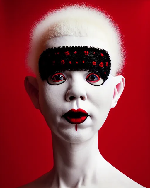 Prompt: symmetrical portrait of an albino woman wearing a silicone embroidered red beauty mask and white hair buns, wearing a black bodysuit by alexander mcqueen, cream white background, soft diffused light, biotechnology, humanoide robot, bjork aesthetic, translucent, by rineke dijkstra, intricate details, highly detailed, masterpiece,