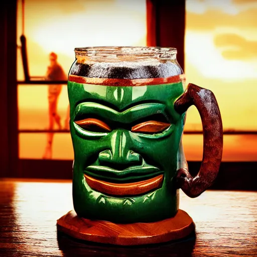 Prompt: a photorealistic photograph of a Trader Vic's tiki mug featuring Jane Seymour at a Tiki bar daybreak- Trending on Artstation, featured on Behance, well-rendered, Unreal Engine, 4K HD