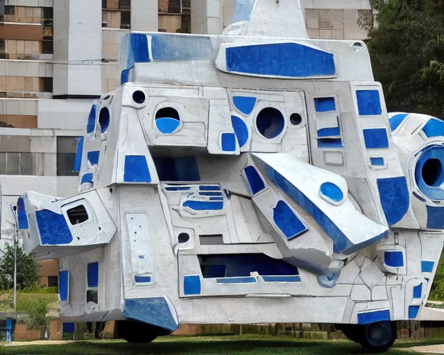 Prompt: photo of minimalist abstract cubist sculpture of curvy spaceship with random small mecha mayan decorations, covered with few large white airplane parts, gigantic size, blue and white