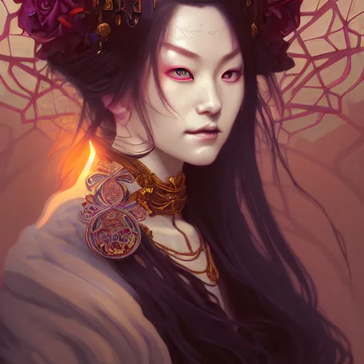 Prompt: Portrait of a female necromancer, japanese face features, fantasy, intricate, elegant, highly detailed, digital painting, artstation, concept art, smooth, sharp focus, illustration, art by Sam Youn and Fernanda Suarez and Artem Demura and alphonse mucha